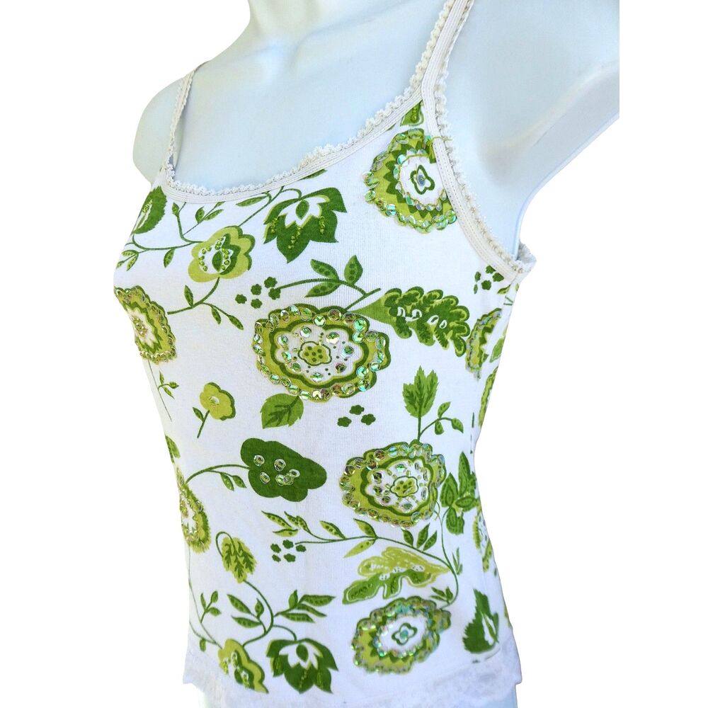 Vintage Y2K Floral Sequin Lace Trim Cami White Green Knit Top Fitted Knit S